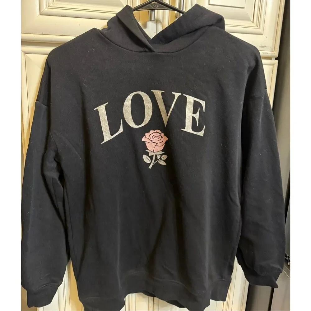 Old Navy Youth Girls Love Rose Graphic Pullover Hoodie Sweatshirt Black XL 14-16
